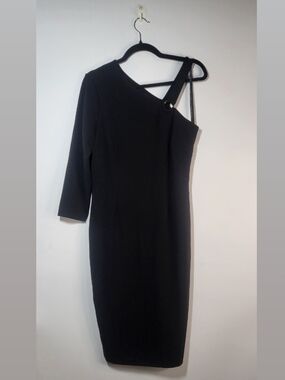 Ivanka Trump Black One-Shoulder Midi Dress with Strap Accent